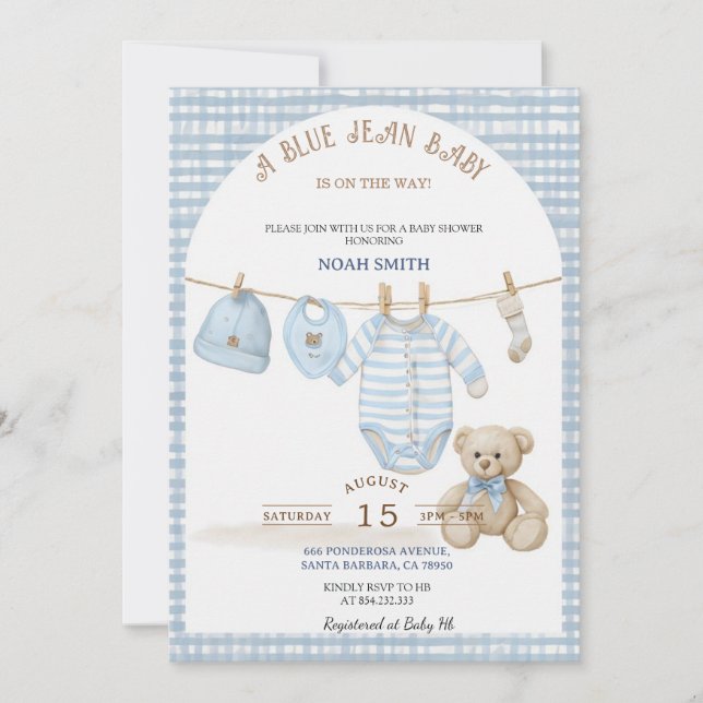 Invitation de Baby Shower Blue Jean | Tissu Gingha (Devant)