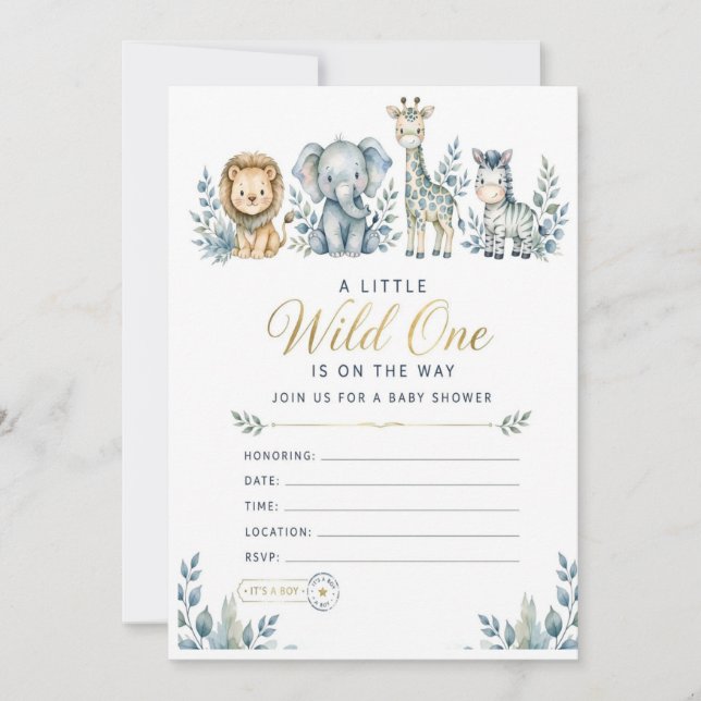 Invitation de Baby Shower Blue Safari Bébé | Un Pe (Devant)