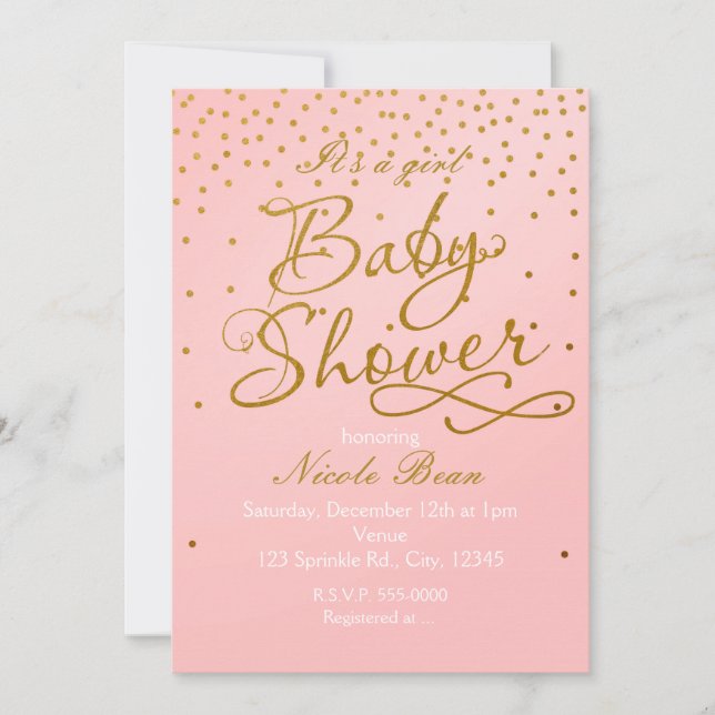 Invitation de BABY SHOWER Blush Rose et Or Confett (Devant)