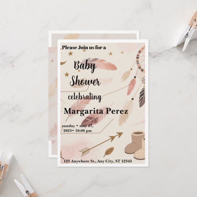 Invitation de Baby Shower Bohème (Devant/Arrière en situation)