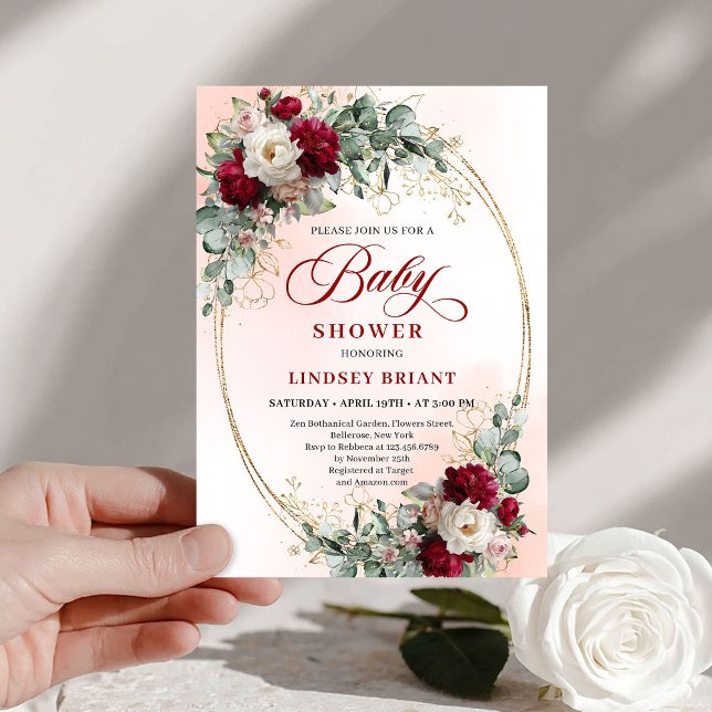 Invitation de baby shower bohème chic bordeaux et  (Chic Burgundy and Gold Boho Baby Shower Invite)