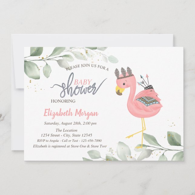Invitation de Baby Shower Bohème Flamant Feuilles (Devant)