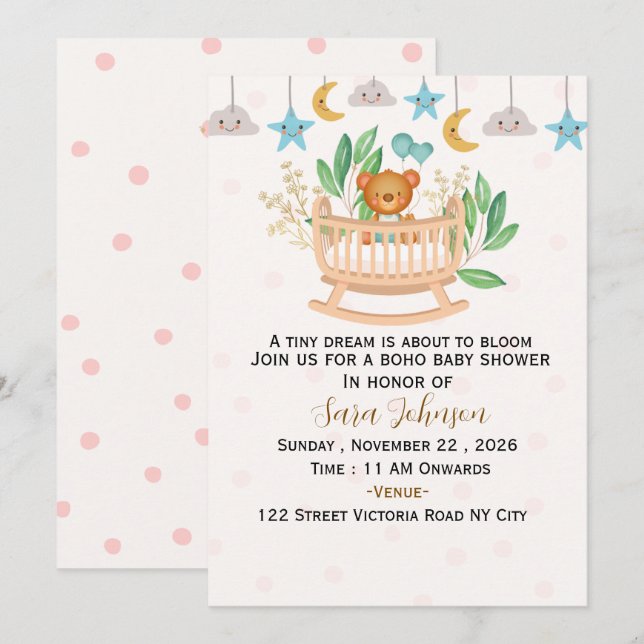 Invitation de Baby Shower Bohème Modifiable (Devant / Derrière)