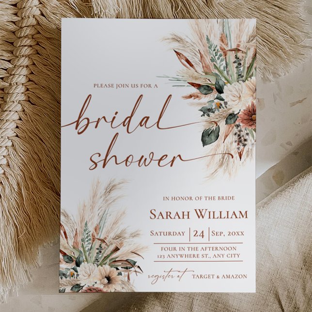 Invitation de Baby Shower Bohème Pampas Rust Green (Pampas Grass Bridal Shower Invite Rust Greenery | Fall Boho Invitation Neutral Earthy Tones 5×7)
