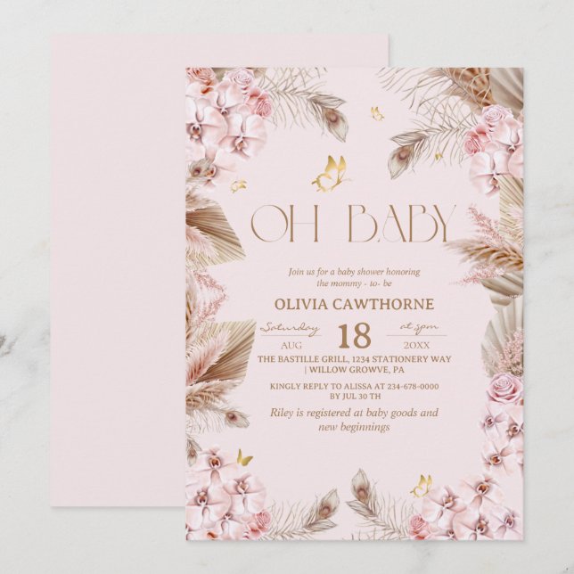 Invitation de Baby Shower Bohème Rustique Rose Pou (Devant / Derrière)