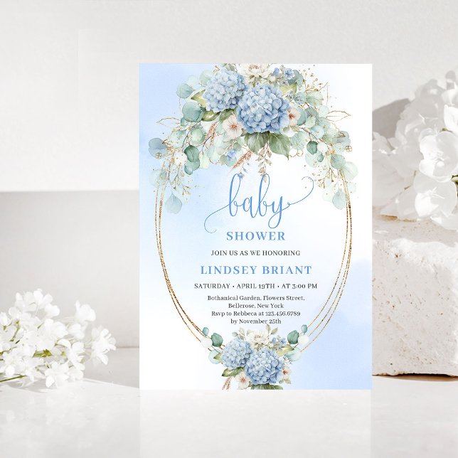 Invitation de Baby Shower Boho Bleu Hydrangea Or (Boho Blue Hydrangea Baby Shower Gold Invitation)