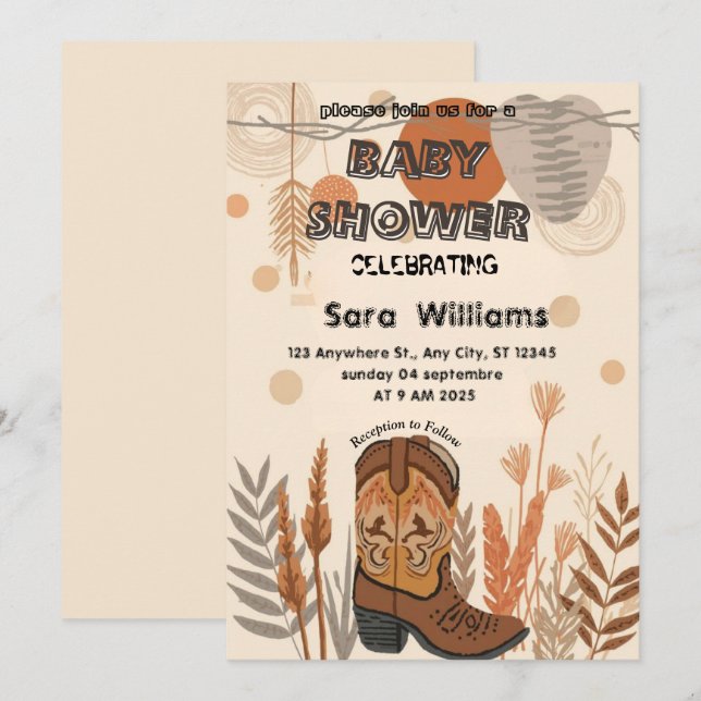 Invitation de baby shower Boho Cowboy Boots (Devant / Derrière)