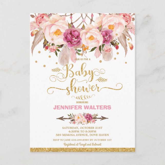 Invitation de Baby Shower Boho Floral Dream Catche (Devant)