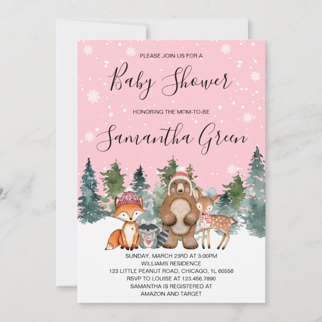 Invitation de Baby Shower Bois d'Hiver Rose (Devant)