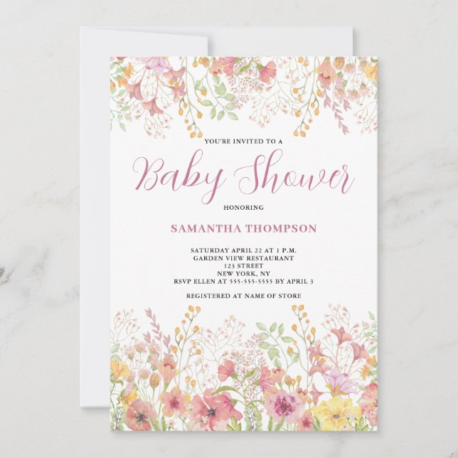 Invitation de baby shower botanique florale rose (Devant)