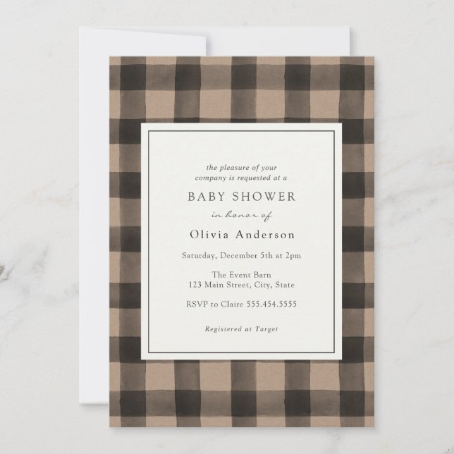 Invitation de Baby shower Brown Buffalo Plaid (Devant)