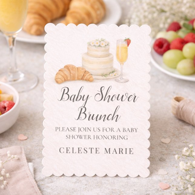 Invitation de Baby Shower Brunch (Soft beige brunch baby shower with cake, croissant, and mimosa detail)