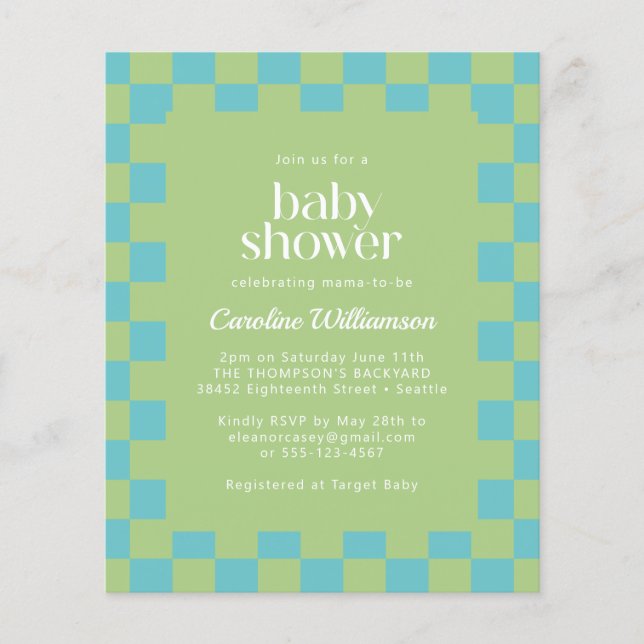 Invitation de baby shower Budget Damier Bleu Vert (Devant)