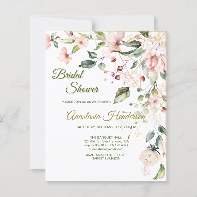 Invitation de Baby Shower budgétaire Or et Verdure (Devant)