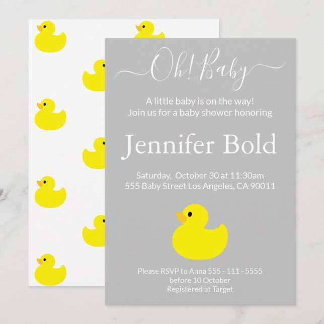 Invitation de Baby Shower Canard en Caoutchouc Jau (Devant / Derrière)