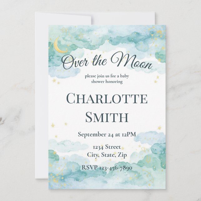 Invitation de Baby Shower Céleste | Lune Aquarelle (Devant)