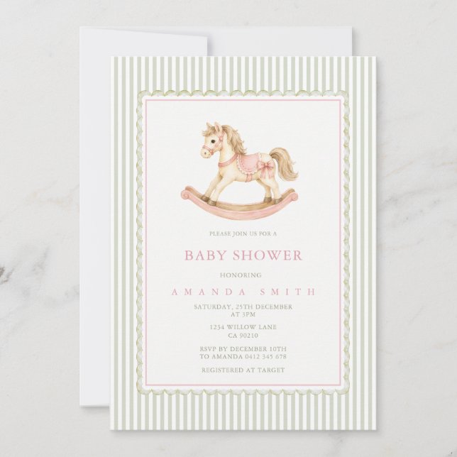 Invitation de Baby Shower Cheval à Bascule au Sage (Devant)