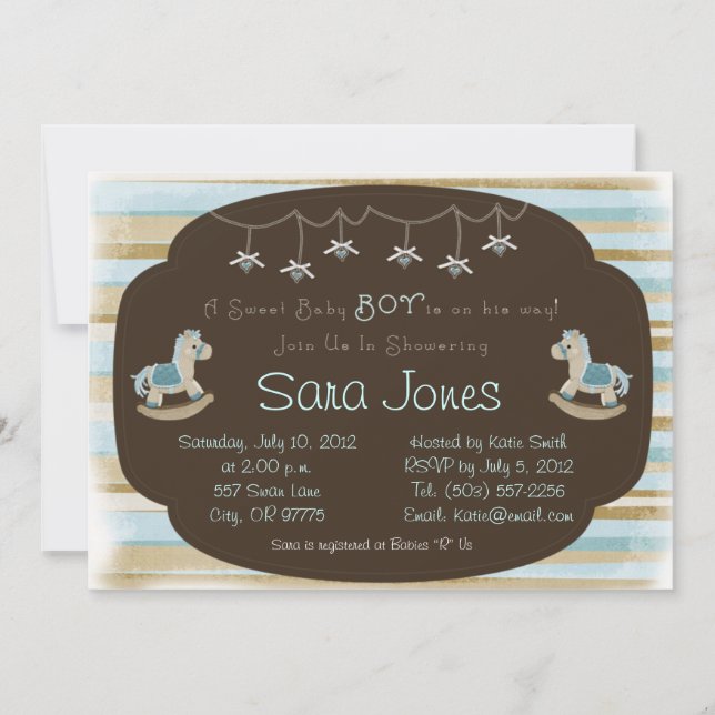 Invitation de Baby shower - Cheval Rocking Blue Bo (Devant)