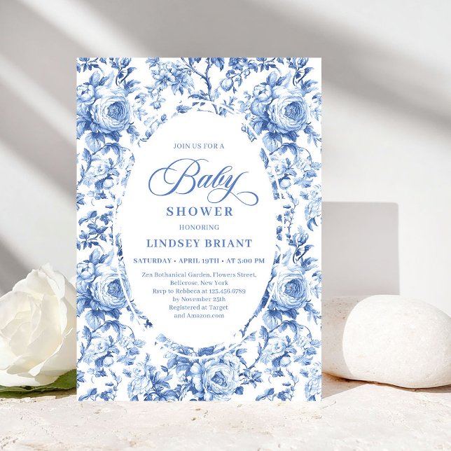 Invitation de baby shower chic bleu à motifs de ch (Chic Blue Chinoiserie Toile Baby Shower Invitation)