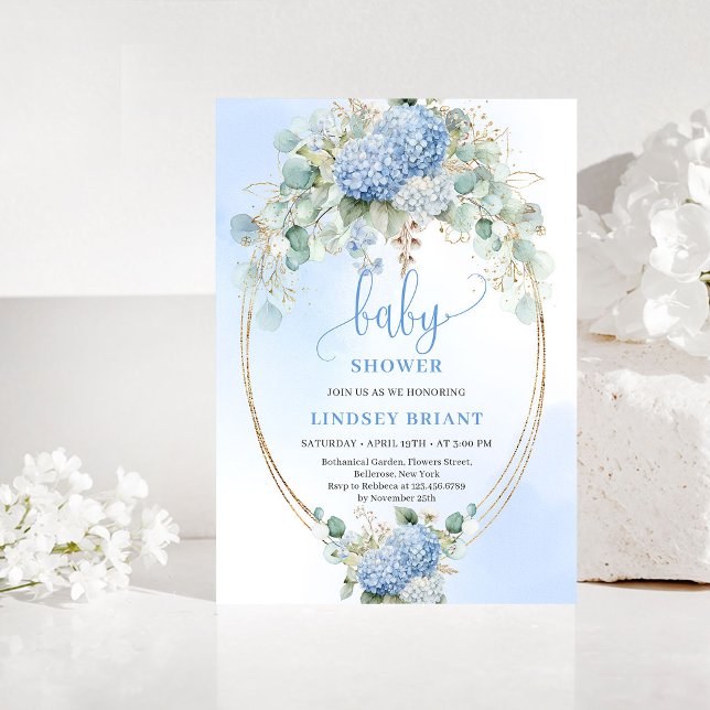 Invitation de Baby Shower Chic Boho Bleu aux Horte (Chic Boho Blue Hydrangeas Baby Shower Invitation)