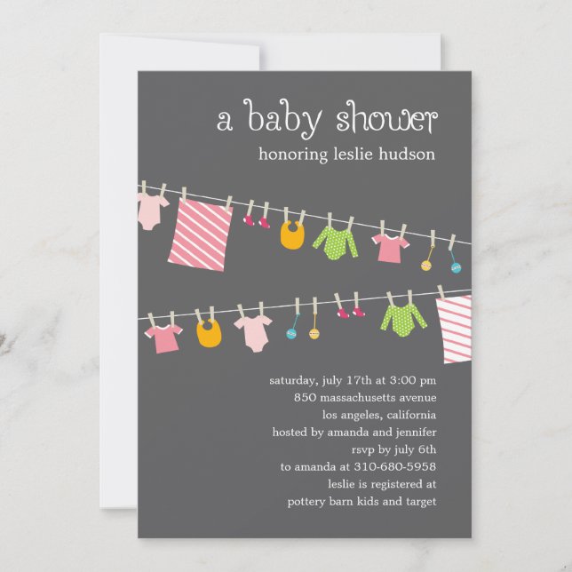 Invitation de Baby shower Chic Clothesline (Fille) (Devant)