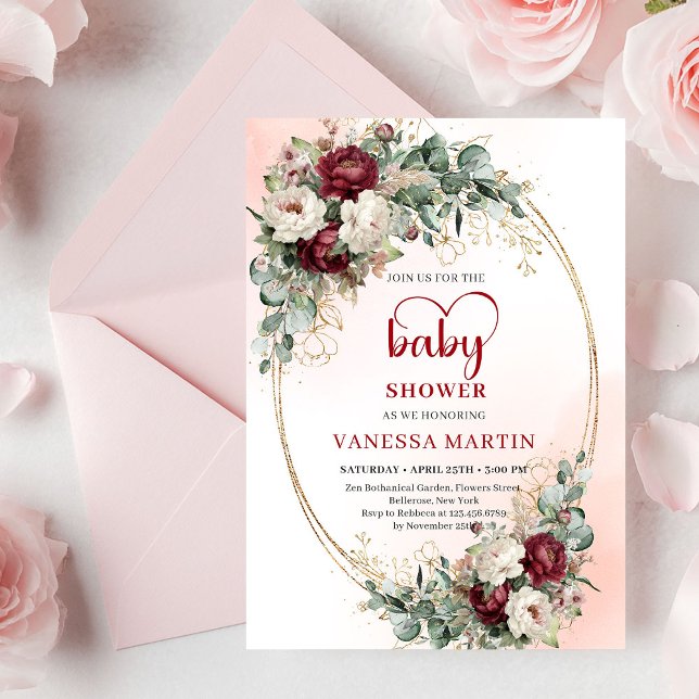 Invitation de Baby Shower Chic Fleurs Marsala (Chic Marsala Flowers Baby Shower Invitation)