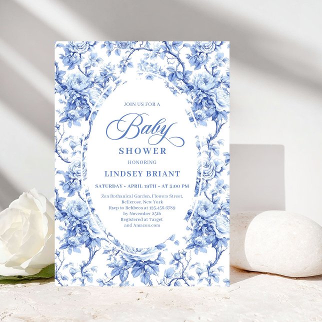 Invitation de Baby Shower Chic Royal Blue Toile de (Chic Royal Blue Toile de Jouy Baby Shower Invite)