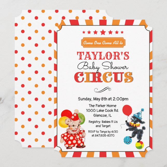 Invitation de baby shower cirque vintage (Devant / Derrière)