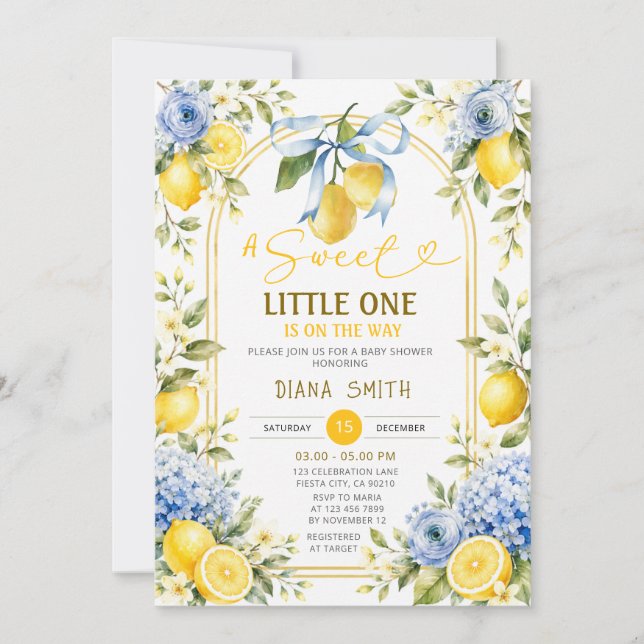 Invitation de Baby Shower Citron et Fleur Bleue (Devant)