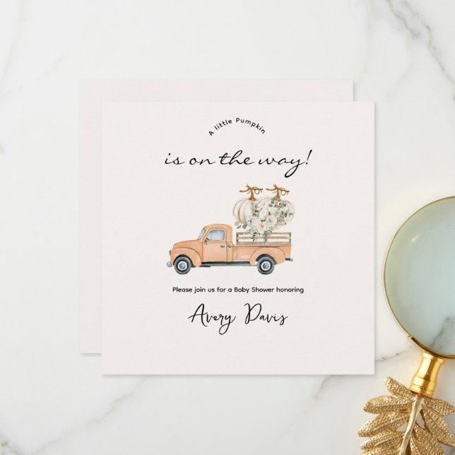 Invitation de Baby shower Citrouille Automne Perso (Devant/Arrière en situation)