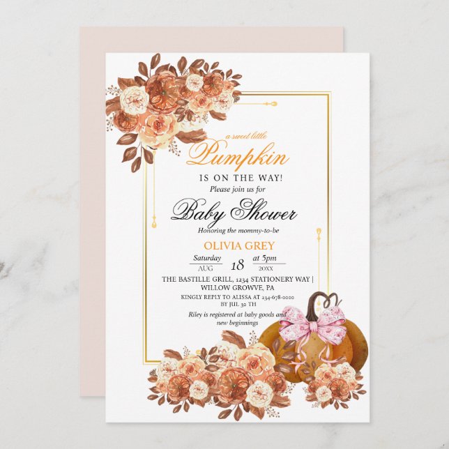 Invitation de Baby shower Citrouille Floral Or (Devant / Derrière)