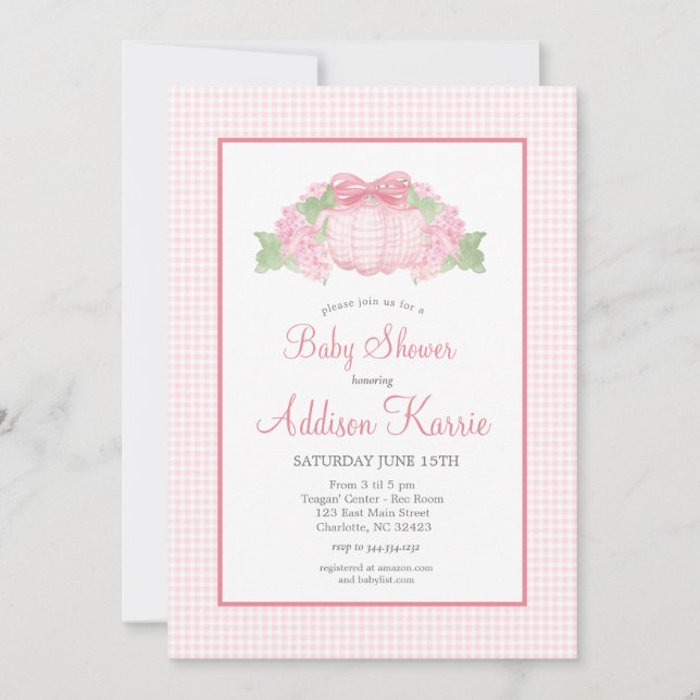 Invitation de Baby shower Citrouille rose En vichy (Devant)