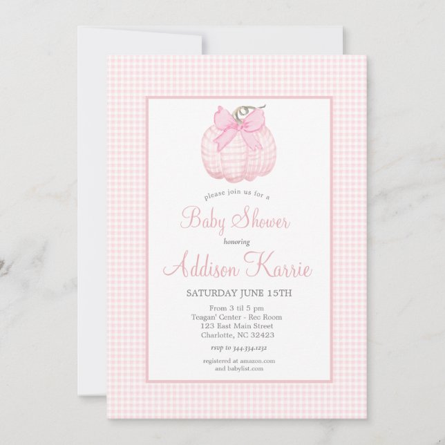 Invitation de Baby shower Citrouille rose En vichy (Devant)