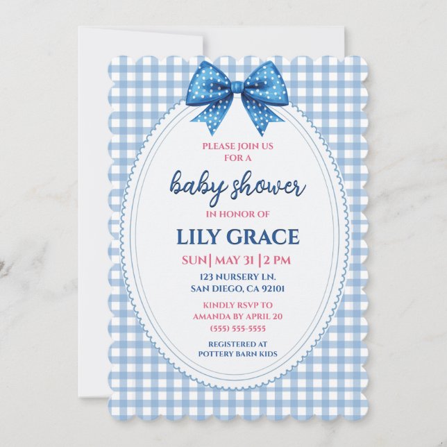 Invitation de baby shower classique à carreaux ble (Devant)