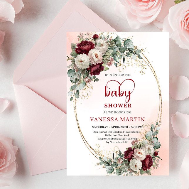 Invitation de baby shower classique aux fleurs de  (Classic Burgundy Flowers Gold Baby Shower Invitation

)