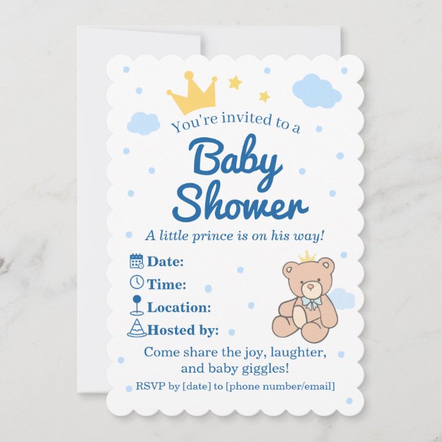 Invitation de Baby Shower Couronne Bleue & Or pour (Devant)