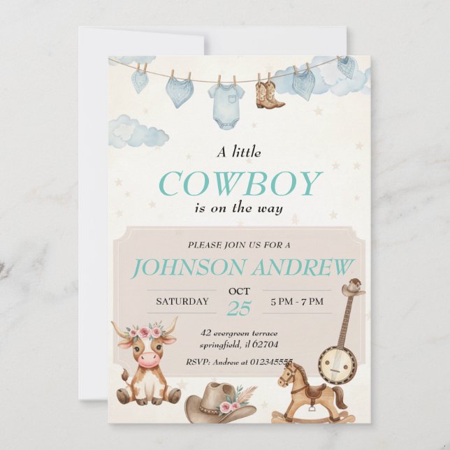 Invitation de Baby Shower Cowboy Élégant Bleu (Devant)