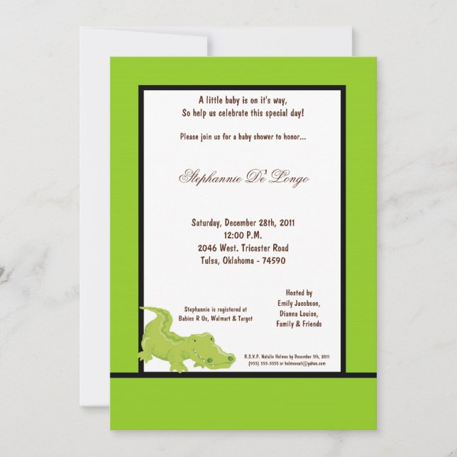 Invitation de Baby shower d'Aligator vert électriq (Devant)