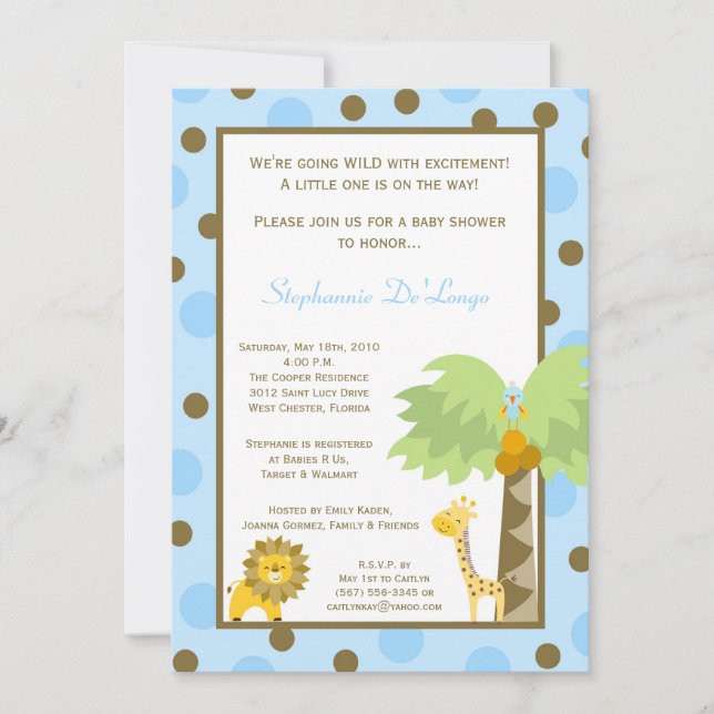 invitation de baby shower d'Anima de zoo de safari (Devant)