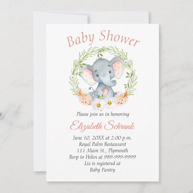 Invitation de baby shower d'aquarelle d'éléphant (Devant)
