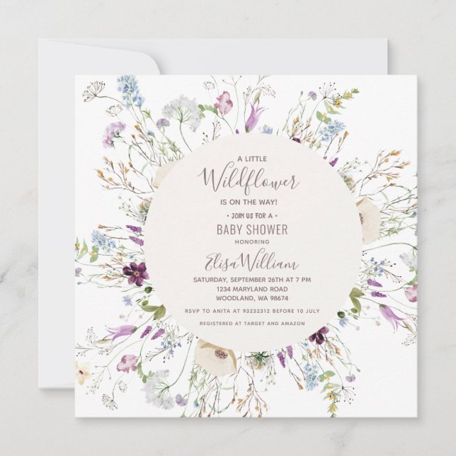 Invitation de Baby shower d'aquarelle Fleur sauvag (Devant)
