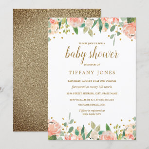 Invitation de Baby shower d'aquarelle Floral Peach