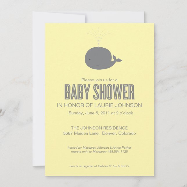 Invitation de baby shower de baleine (Devant)