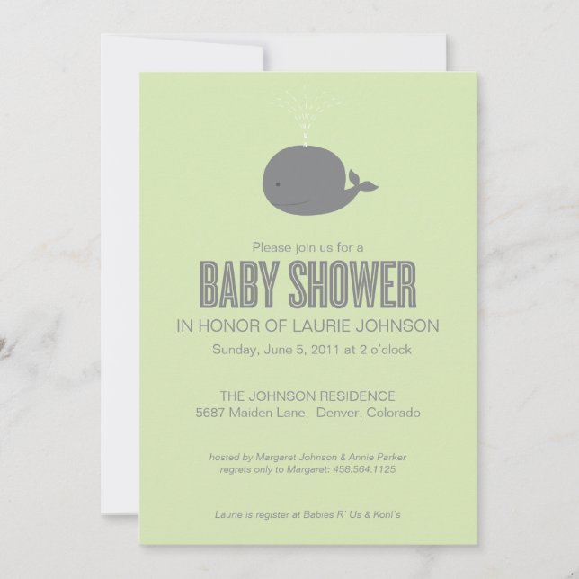 Invitation de baby shower de baleine (Devant)