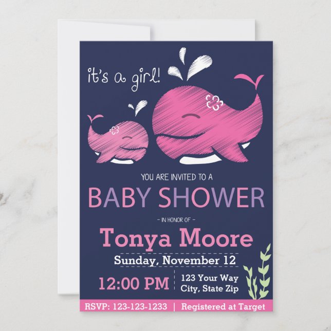 Invitation de Baby shower de baleine (fille) (Devant)