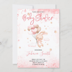 Invitation de Baby shower de ballons de lapin rose