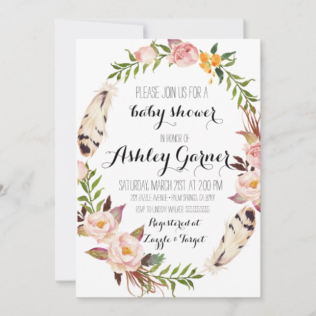 Invitation de baby shower de Boho, plume, fleur (Devant)