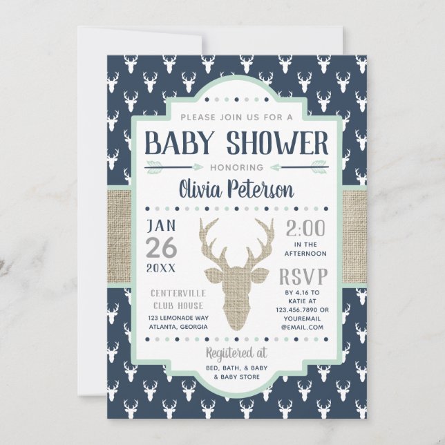 Invitation de Baby shower de bois, Marine, Burlap (Devant)