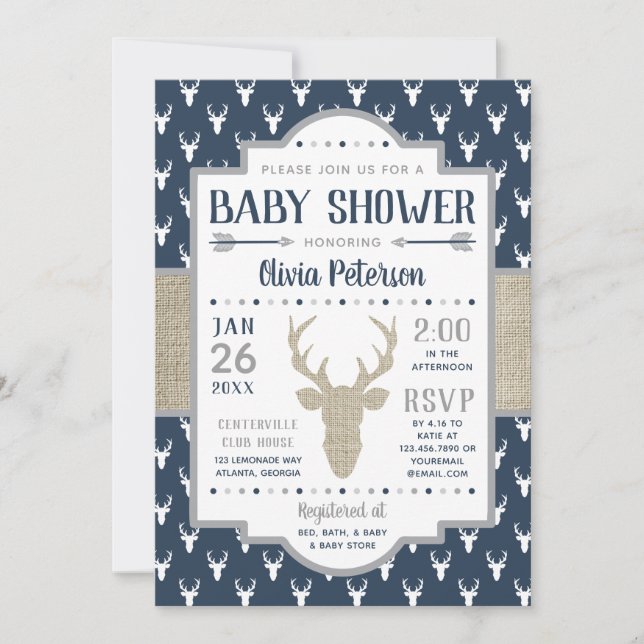 Invitation de Baby shower de bois, Marine, Burlap (Devant)