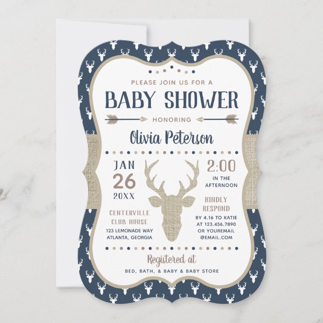 Invitation de Baby shower de bois, Marine, Burlap (Devant)